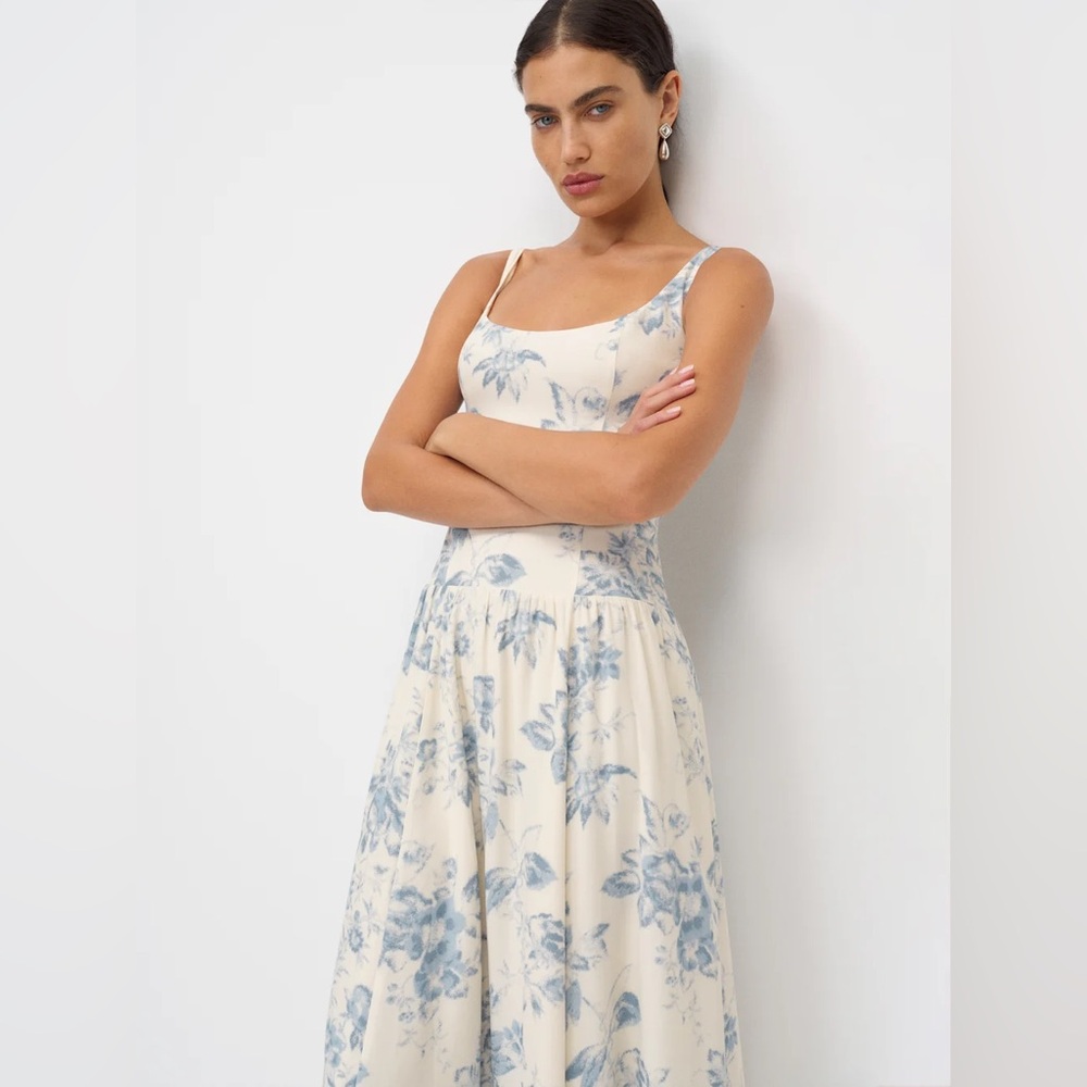 Reformation Cream Midi Dress with Light Blue Floral Print - Picture 2 of 4